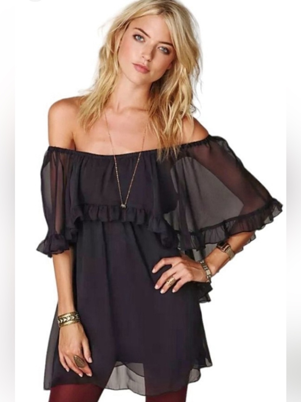 Free People Black Off Shoulder Sheer Bell Sleeve Boho Mini Dress Size M